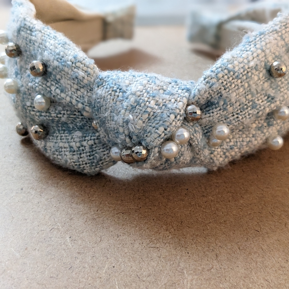 Elegant Blue Fabric Headband with Pearls